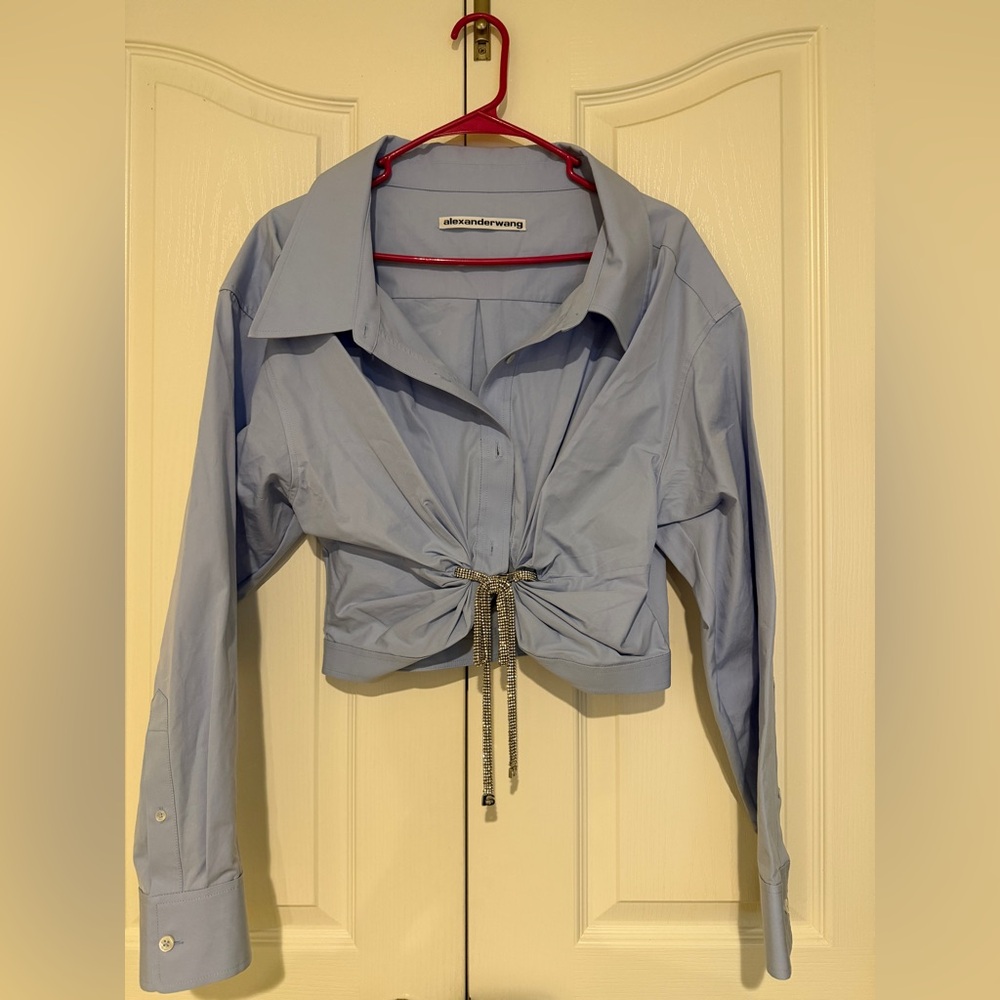 Alexander Wang Crystal Trim Cropped Shirt Blue Cotton Size M Authentic